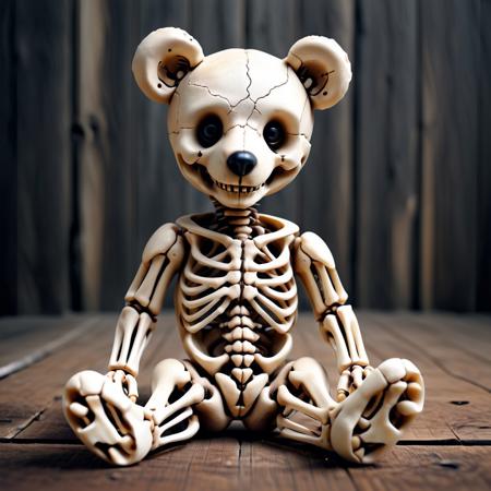 medium close up photo of a (teddy bear:1.5) seated on a worn wooden floor, its cuddly form meticulously crafted from smooth, polished bones, button eyes replaced with hollow sockets, a stitched smile using thin, black thread on the skull-like face, one ear slightly askew, holding a small, bone-carved heart, contrasting textures, soft, diffused lighting, creating a melancholic yet endearing mood, unsettling cuteness, intricate details, ultra sharp, exquisite detail, flawless composition, muted color palette, masterpiece, blurred background <lora:Bones_World_Morph:1> boneswm,