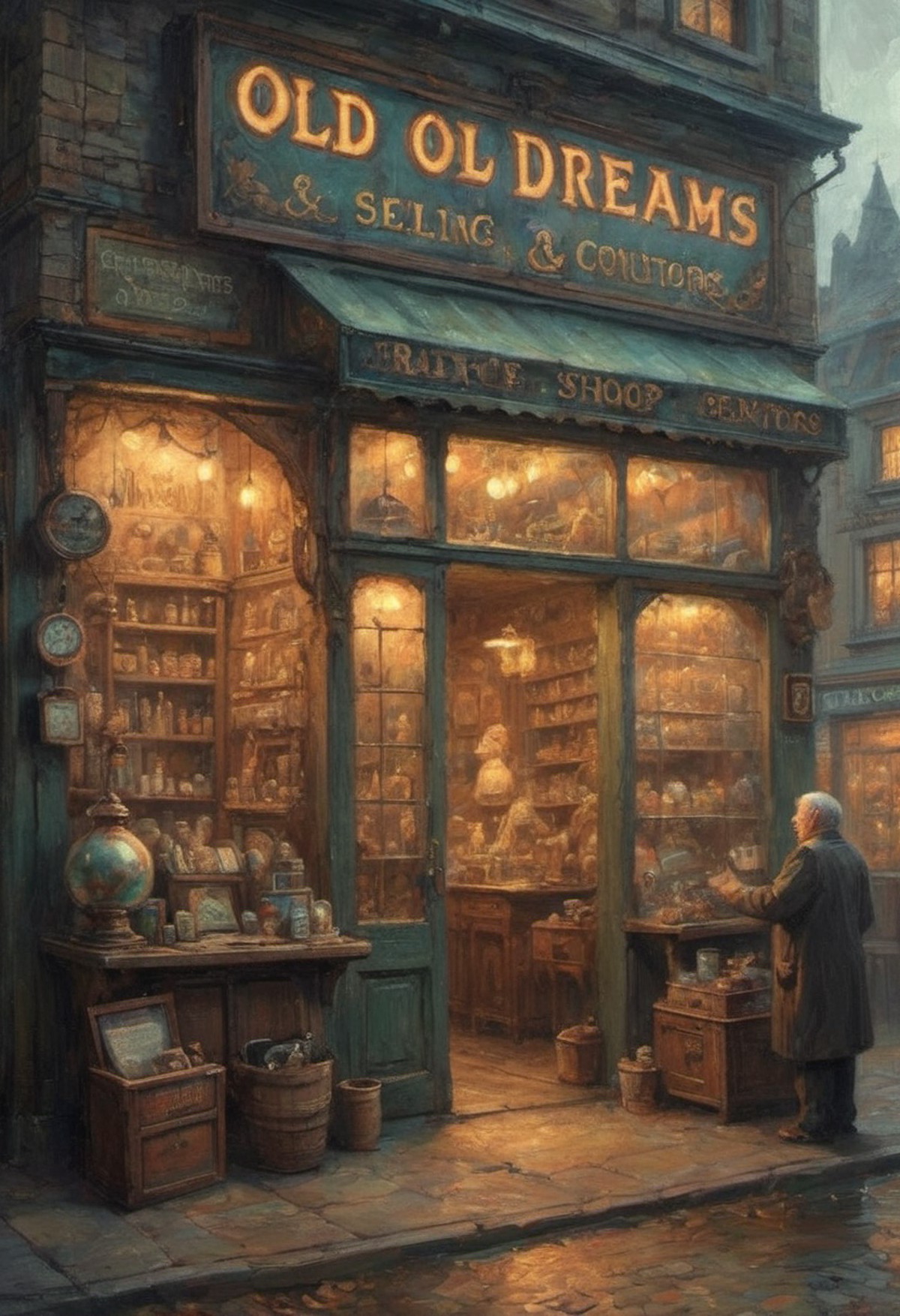 The old dreams-selling shop and its eccentric old proprietor curios magical glow highly detailed