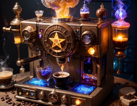 (WizardCoreAI:1.3) { alchemy lab  coffee machine, glowing } magic colors, 
(amazing fantasy setting, Ultra Realistic, trending on artstation, exaggerated, detailed   
 background:1.1)                               