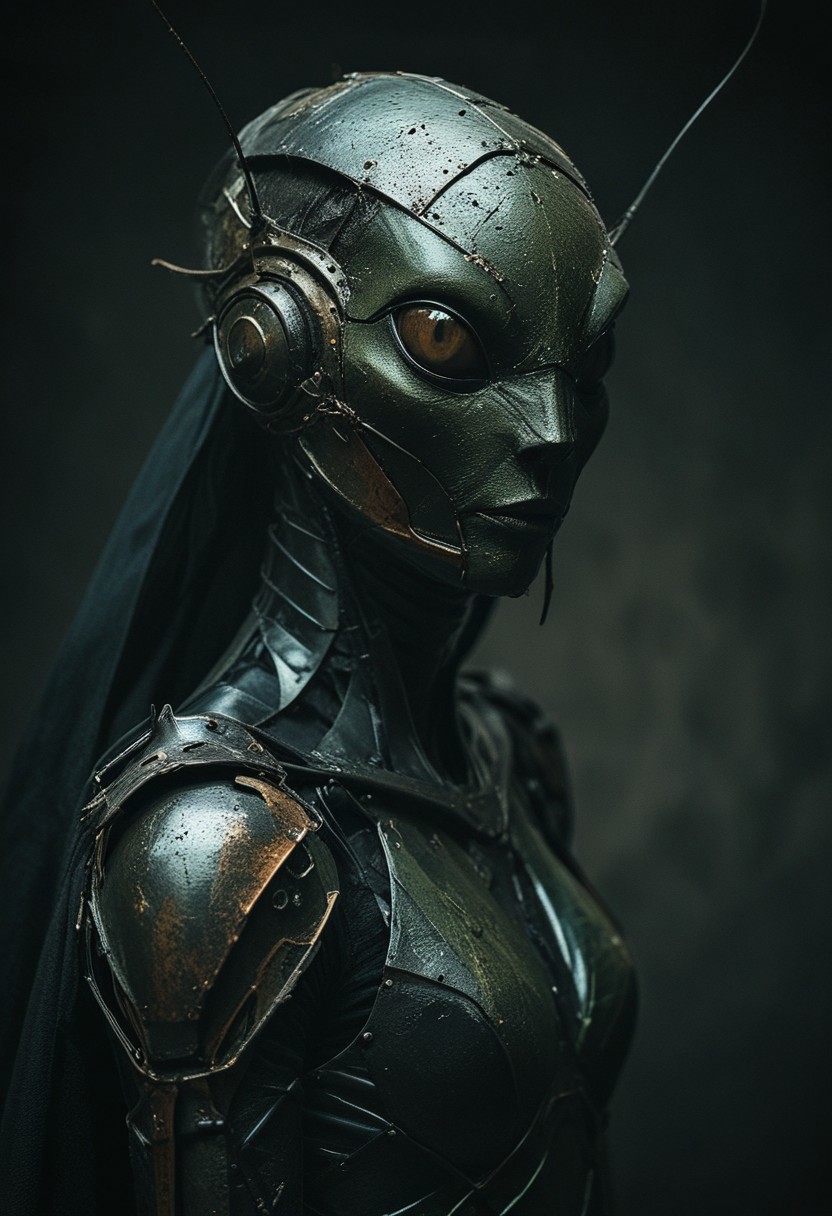 an European mantis-woman in iron armour, black cape, studio background, high-contrast palette, subtle grain, cinematic quality, modern art photograph, looking at viewer