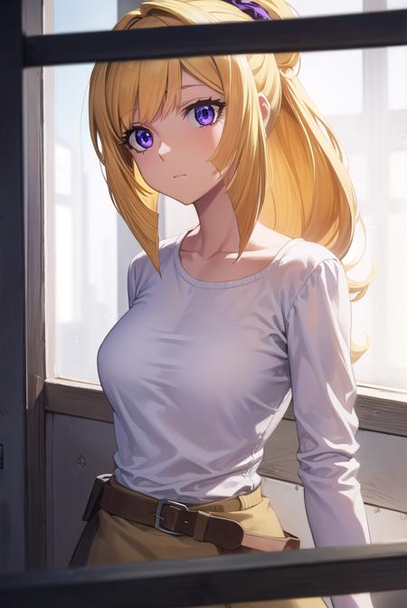 kudelia aina bernstein, (purple eyes:1.1), long hair, blonde hair, bangs, blunt bangs,  kudelia aina bernstein, (purple eyes:1.1), long hair, blonde hair, bangs, blunt bangs, ponytail, gloves, dress, red dress, white gloves, capelet, gown, red gown, apricot, black apricot, skirt, shirt, long sleeves, belt, long skirt, white shirt, collar bone, green skirt,