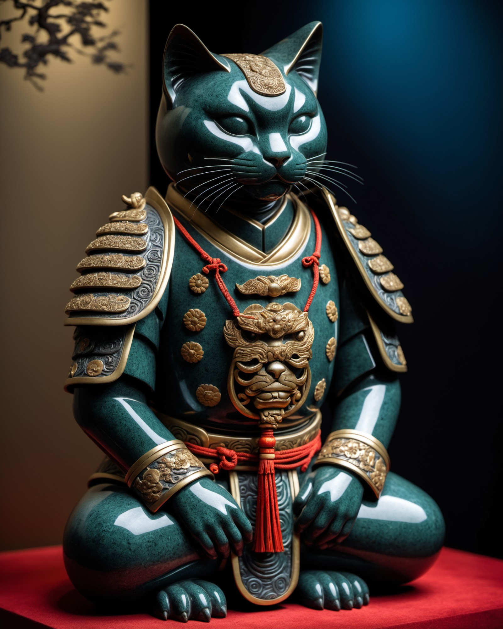 full-body, an ancient jade artifact anthropomorphic standing cat ninja from over 5000 years ago is on display in a museum ...