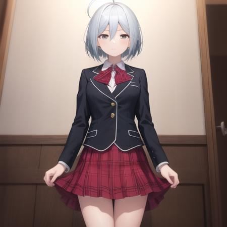 (masterpiece, best quality:1.2),illustration,8k,hd,1girl,solo,cowboy shot,school uniform,ahoge,skirt,looking at viewer,short hair,silver hair,bow,jewelry,jacket,red skirt,ring,pleated skirt,shirt,white shirt,brown eyes,bowtie,black socks,expressionless,red bow,socks,blazer,hair between eyes,<lora:Kannazuki Arin>,