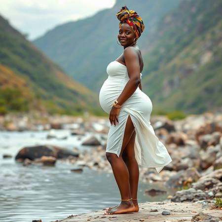 full body shot chubby wide hips African woman dark skin colorful head wrap white body con dress gold anklets barefoot by  a mountain stream