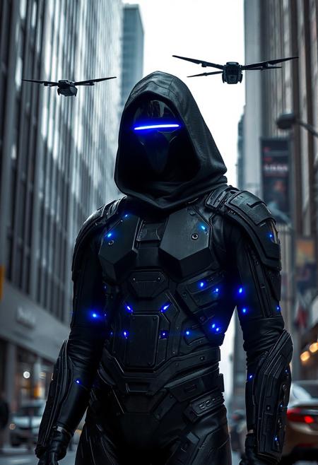 Null Node
A silent, gender-ambiguous figure clad in a jet-black full-body suit made of modular matte armor and glowing blue data nodes. Their face is obscured behind a featureless reflective mask with a single thin, blinking lens at the center, like a surveillance cyclops. Drones hover faintly around them. Standing in mid-glitch—edges fragmented like a corrupted hologram—Null Node leans in shadow against a digital billboard that flickers behind them, casting streaks of artificial light across their cloaked form in a city intersection gone silent.