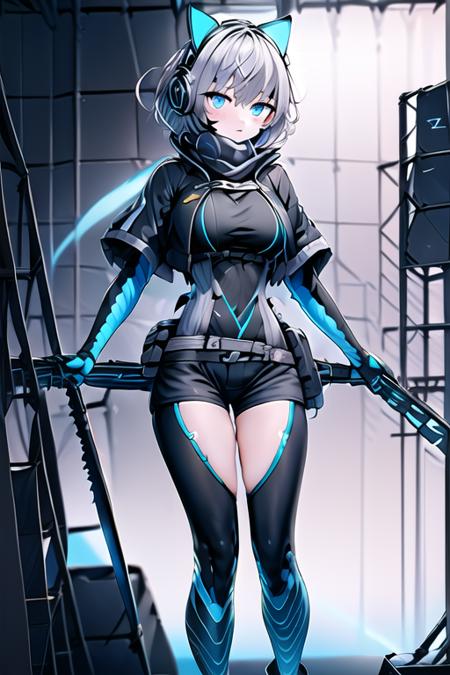 masterpiece, best quality, illustration,
1girl,icey,silver hair ,blue eyes,headphones, messy hair, short hair,factory, machinery, electricity, blue lightning,blue energy,