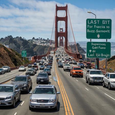 This photograph captures a prominent green highway sign with text "LAST EXIT FOR BUZZ" on a sunny day. The background shows an urban road leading to the Golden Gate Bridge, with the iconic red-orange suspension bridge towering over a busy four-lane highway. Vehicles, including a silver SUV and a blue sedan, are driving on the right lane. In the background, the cityscape of San Francisco is visible with hills and buildings under a partly cloudy sky. The image conveys a bustling urban environment, and the highway sign dominates the scene.