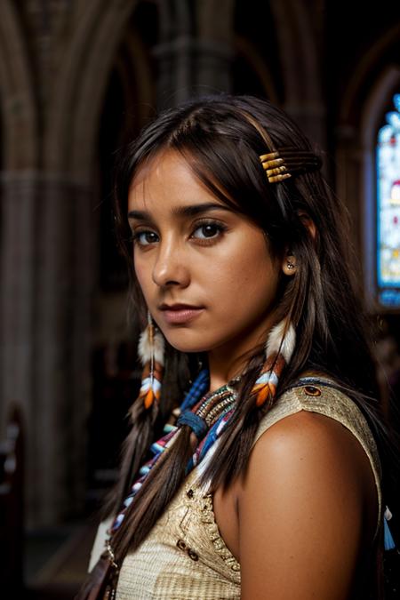 <lora:Louise_Nurding_nee_Redknapp:1> l1873n, 1girl, solo, masterpiece, best quality, detailed face, native american costume,  church