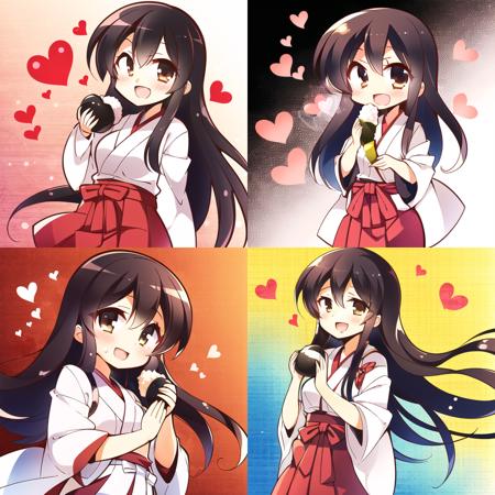 1girl, akagi from kantai collection, holding, holding onigiri, japanese clothing, red hakama, hakama skirt, hakama short skirt, gradient background, brown eyes, smile, open mouth, heart, eating white kimono