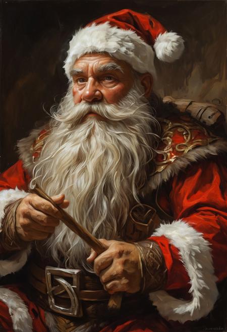 Fantasy dwarf in Santa Claus costume, masterful painting in the style of Anders Zorn | Marco Mazzoni | Yuri Ivanovich, Todd McFarlane, oil on canvas
