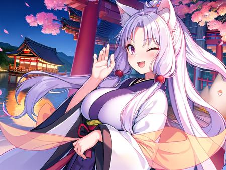 animal ears, 1girl,huge breast,dynamic angle,dutch angle,hair ornament, parted bangs, 
japanese clothes, white hair, kimono,  long hair, fox ears, fang, purple eyes,wide sleeves, bangs, long sleeves, blush, sleeves past wrists,  solo, sash, very long hair, looking at viewer, hagoromo,  cloud, shawl, white kimono, obi,
smile,one eye closed, 
waving at viewer,
detailed background, autumn, river, bridge, old japanese architecture, twilight,momizi,petals, sun,
<lora:touhoku_itako_V1:0.5>