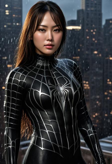 score_9, score_8_up, score_7_up, best quality, realistic, masterpiece, beautiful detail, hyperrealistic, night, ((1girl, woman body, large breast)), amazing detailed full body portrait of a beautiful japanese girl, wearing a realistic and highly detailed black raimi spider-man suit, ((huge muscular girl)), professional model wears ultra - detailed black raimi spider - man suit, ultra - detailed and grained black raimi spiderman suit, suit covered entire body and hand, black spiderman gloves, wet, (seductive pose), (full body), (dirty skin), close up, octane render, highly detailed, volumetric, dramatic lighting, (highest quality:1.1), (HDR:1.3), (top quality, best quality), realistic, high definition,
