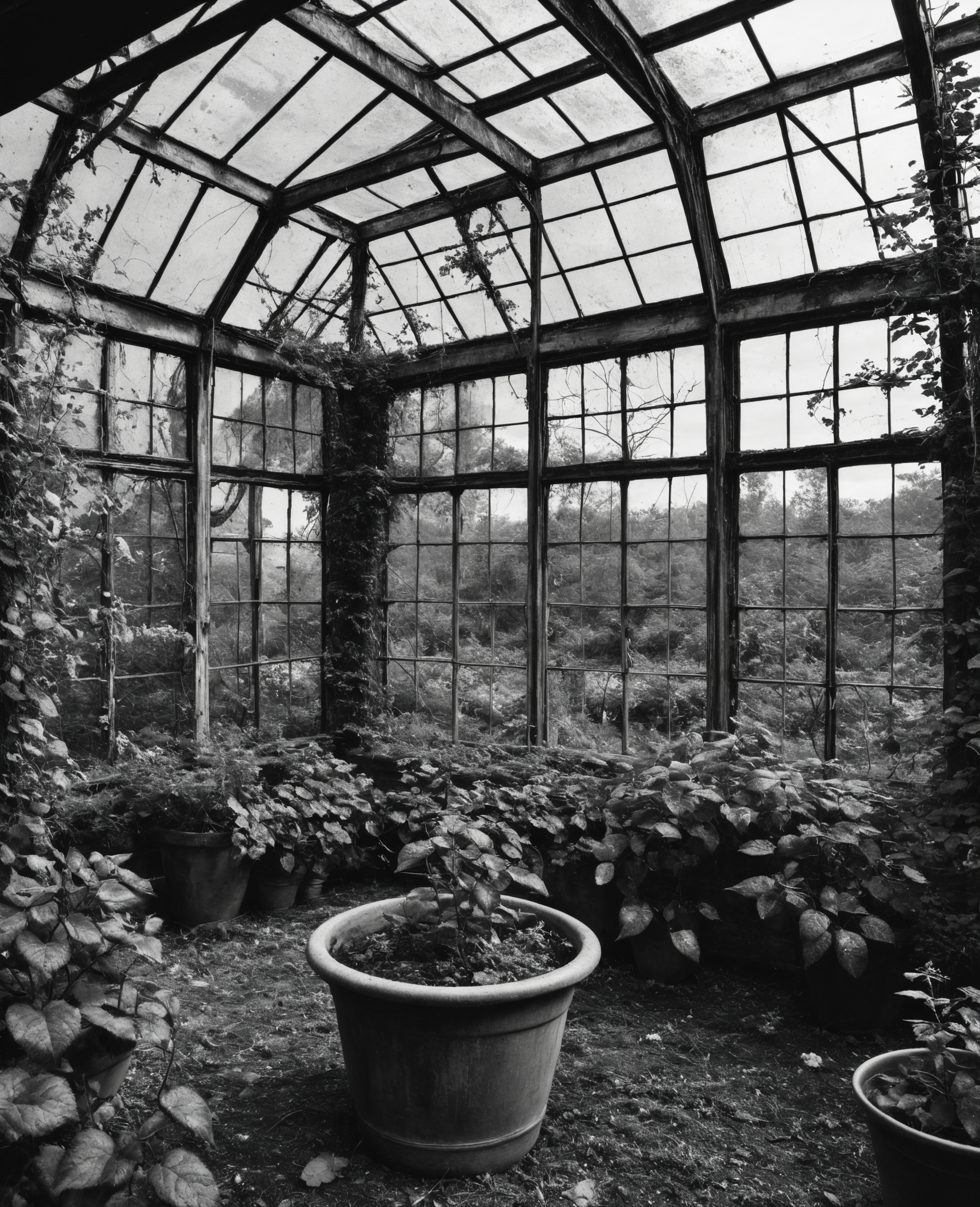 A black and white image ,A forgotten greenhouse, its glass panes shattered and its metal frame rusted, is now a sanctuary for overgrown vines and wild blooms. Amidst the chaos, a single, cracked terracotta pot holds the remains of a long-dead rose bush.
<lora:grainy-v1:0.3>
