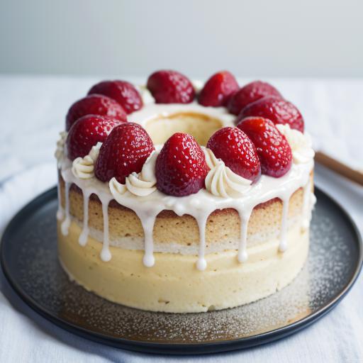 A freshly baked strawberry cake with white frosting and strawberries.