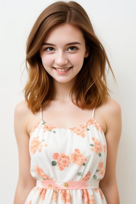 HD, perfect quality, 16k, very detailed,  a beautiful 21yo college girl with ginger hair, pale skin, wearing a calico floral dress, pink fleckes, green eyes, slim, detailed skin, hair behind ear, smiling proudly, standing in front of white background