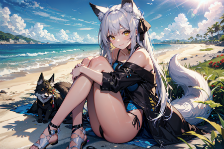 pixai, 1girl, white haired, long hair, fox girl, (black fox ears), (1fox_tail), hair ribbon accessories, choker, swimsuit, sitting, hugging legs, beach scenery, sunlight, intricate details, highres, best quality, yellow eyes, kind smile, looking at viewer, HDR,