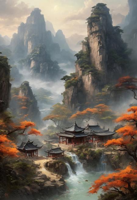 Freehand style, Envision a serene and tranquil idyllic retreat nestled within the ethereal beauty of ancient Xianxia-themed mountains, where misty clouds delicately wrap around the peaks, creating an otherworldly atmosphere. The landscape is dotted with ancient architecture, reflecting the elegance and refinement of a cultivation sect's stronghold. Here, mystical energy flows through enchanted forests, where immortal mountains and rivers harmonize with the natural world, fostering an environment perfect for the pursuit of martial immortality. The scene is populated with mystical creatures, adding a touch of wonder and magic to this Chinese ancient Xianxia-themed paradise., Don't be real, oil painting, done with japanese brush technique, realistic, extreme detail, scary, terrifying, dark and warm environment, 8k, looking at viewer, looming, Comic style
<lora:add-detail-xl:1> <lora:xl_more_art-full_v1:0.5>  <lora:looking_at_viewer:2>