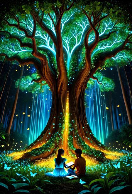 A magical, vibrant tree with a thick, intricate oak-like trunk, its canopy glowing with heart-shaped leaves transitioning in a radiant gradient of blue, green, yellow, orange, and red. Set in a tranquil twilight meadow, the tree emits soft bioluminescent glows from its branches and leaves. Luminous butterflies flutter gently around, and the ground is scattered with glowing petals and bioluminescent foliage. Two children—a Black boy and a Hispanic girl—sit peacefully with their backs against the trunk, reading books, their faces softly illuminated by ambient magical light. Dreamlike lighting, volumetric rays filtering through the glowing canopy, serene fantasy atmosphere, ultra-detailed 4K illustration, cinematic composition, rich color contrast, surreal bioluminescent accents, glowing edges, enchanted storytelling moment.