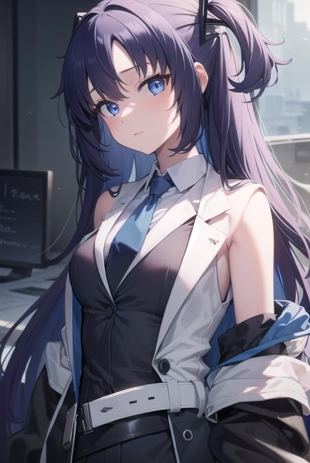 yuuka, blue eyes, halo, purple hair, two side up, long hair, belt, black gloves, (black suit:1.5), black skirt, blue necktie, gloves, halo, jacket, necktie, off shoulder, skirt, two-sided fabric, two-sided jacket, white belt, (white jacket:1.5),