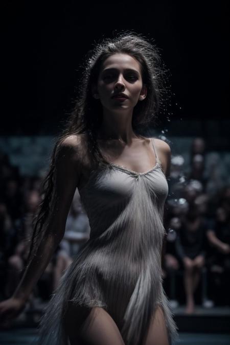 low key, dark studio, naturally beautiful face, very beautiful intensive eyes, wearing only a very classical oldschool nightdress, she performs a very emotional and passionate expression dance in style from Pina Bausch wuppertal dance company, on a lonely theater stage, sexy young beautiful model , highly contrentaed to the classical music, Dewy skin with completeley no makeup, single braid black hair , Silver beaded bracelet, shot with arri studio camera, light_particles, cinematic, dynamic_angle,