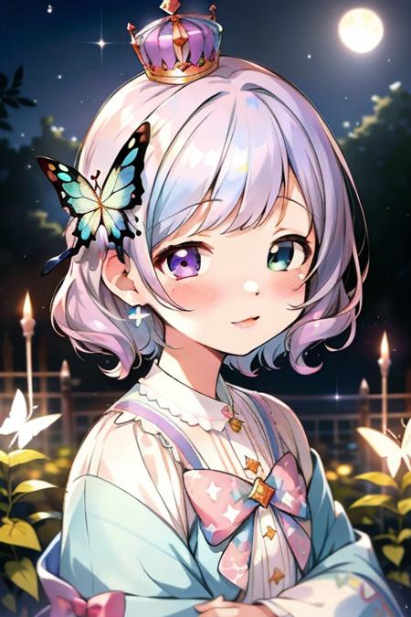 castle, garden, butterfly, henreader-8, masterpiece, best quality, himemori luna, hololive, purple eyes, green eyes, heterochromia, crown