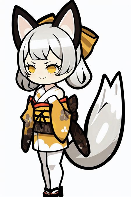 <lora:clear_LibraryofRuina-fight:1>, 1girl, solo, animal ears, long hair, bow, tail, gloves, japanese clothes, yellow eyes, white background, full body, white footwear, black gloves, hair bow, kimono, simple background, fox ears, fox tail, white bow, looking at viewer, twintails, very long hair, braid, floral print, standing, fox girl, bangs, long sleeves, bare shoulders, smile, virtual youtuber, animal ear fluff, wide sleeves, frills, sash, blush, black bow, closed mouth, obi, black kimono, grey hair, off shoulder, print kimono