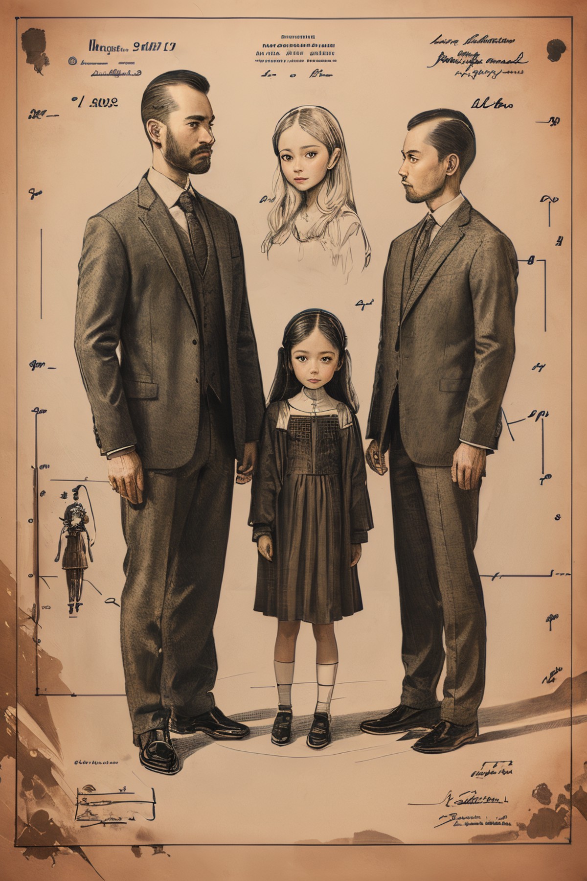 masterpiece,best quality,<lora:tbh249-:0.7>,illustration,style of Patent drawing portrait of family