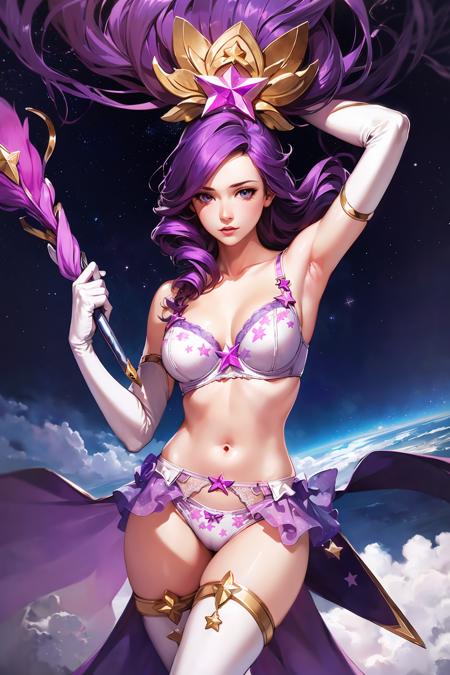 white thighhighs, elbow gloves, hair ornament, star hair ornament, dress, star guardian \(league of legends\), purple hair, long hair