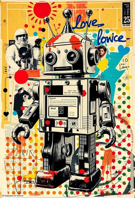 A pop art style mixed media collage artwork. Deconstructed, provocative, surreal, intense and chaotic composition. Street art textures and vibrant retro colours. 
The main image is a grungy retro stencil screenprint of 1960s toy tin robot. Print errors, halftone dots. grungy print registration errors, Ben Day dots. 
Overlaying this are multiple layers of black-and-white Mexican imagery, handwritten letters, bold paint splashes, and chaotic magazine cutouts and clippings. Partially covering this, these break up the outline. Next are layered sections of repetitive brightly coloured dots are spraypainted in Yayoi Kusama style. On top of this are 1950s magazine cutouts and clippings of space travel and astronauts, and torn vintage postcards with handwritten messages are glued to the layers. This partially hides sections of the images below. On the top layer are rough hand-drawn letters and love hearts scrawled heavy-handedly in blue biro onto print.