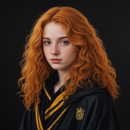 ("Hufflepuff" crest: 1.4) <lora:Harrlogos_v2.0:1>, (oil painting) portrait of a relaxed teenager with curly orange hair in the Harry Potter universe, he is wearing a black and yellow cloak, relaxed personality, sharp image, black background, Hufflepuff, female character, Hogwarts castle, long hair