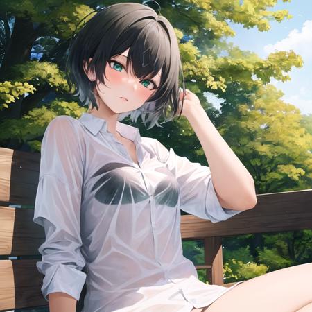 best quality, masterpiece, ultra-detailed, ultra-detailed, 1 girl, short hair, black hair, green eyes, STS, see-through, shirt, white shirt,  medium breasts, sitting