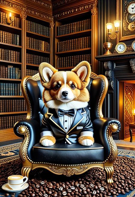 coffee beans, sanri0, cute black and gold furred corgi wearing a tuxedo in a dark library, fantastical, whimsical, cute, big eyes, sitting on leather chair, ornate fireplace, highly detailed background, masterpiece, coffee cup