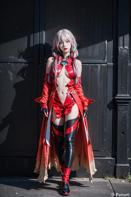 inori cosplay costume, cosplay, center opening, fingerless gloves, thighhighs, twintails, hair ornament