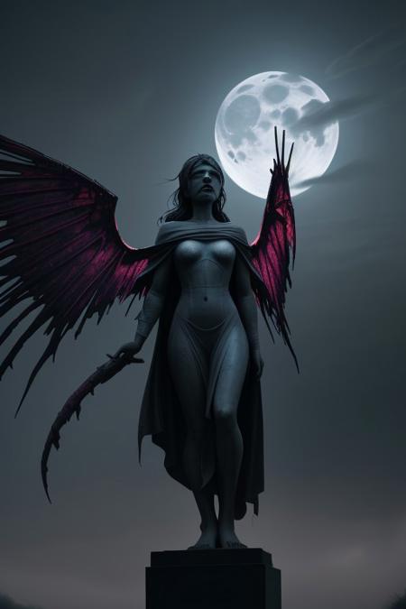 A cinematic high-angle shot, steeped in deep, immersive focus, unveils a solitary figureapale as moonlight, their head swathed in ragged bandages, a threadbare dark brown cloak hanging heavily from their shoulders like a forgotten vow. They stand rooted in a spectral mist, eyes sealed shut, lips slightly parted as if exhaling a silent lament. Around them, a storm of iridescent cicadasatheir wings shimmering with an eerie violet glowaswirls in a frenzied dance, some clinging to the frayed wraps like ancient relics, others suspended mid-air, their metallic hum vibrating through the thick, charged atmosphere. The figureas arms hang limp, their body rigid yet fragile, a statue carved from sorrow and stillness. Above, the sky bleeds a deep, suffocating crimson, streaked with ghostly tendrils of cloud, casting an infernal glow over the scene. The air is heavy with the weight of forgotten whispersaa moment frozen between agony and apotheosis, where the line between requiem and rebirth dissolves., fg<lora:CustomFlux/MysticFantasy.safetensors:0.25000000000000006:0.25000000000000006> <lora:CustomFlux/MysticRealism.safetensors:0.7500000000000001:0.7500000000000001> <lora:Flux/Stylized-Super-Texture.safetensors:0.5000000000000001:0.5000000000000001>