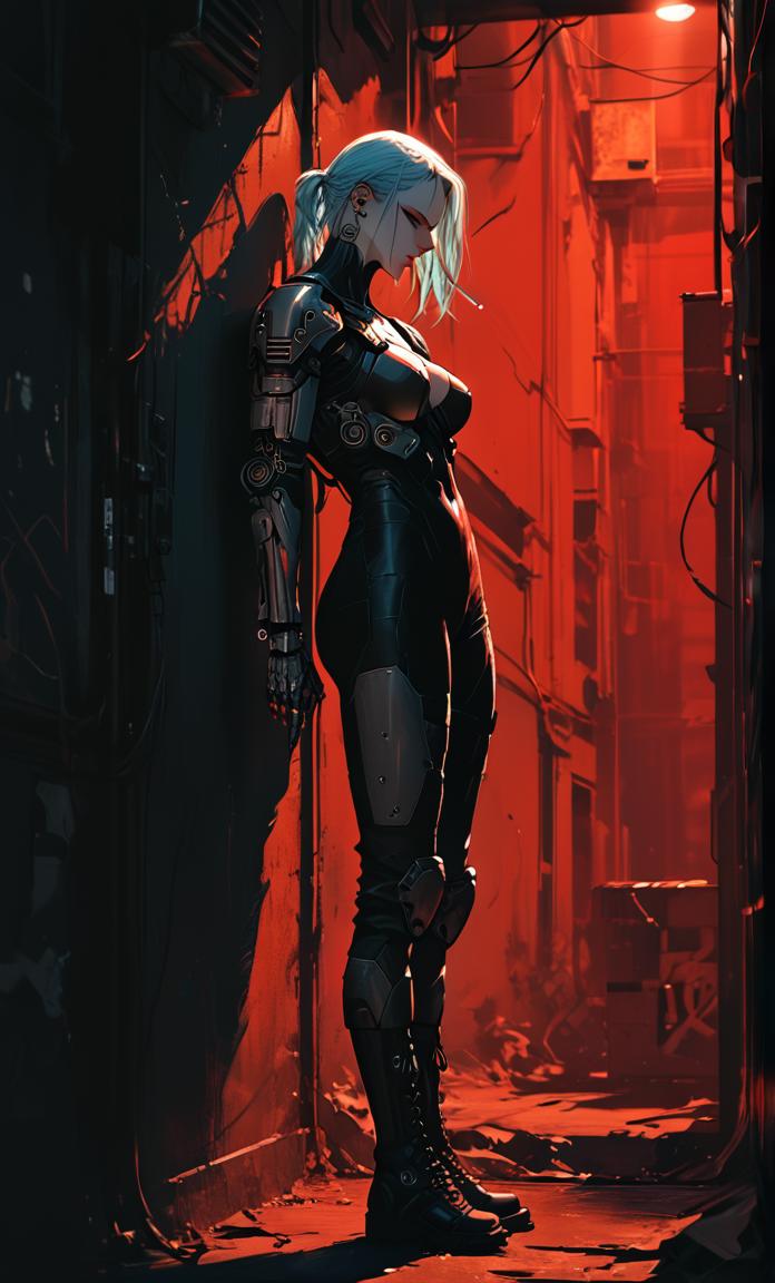 score_9,score_8_up,score_7_up,  masterpiece,  sinozick style, black and red theme, harsh lighting,s1_dram
wide dutch angle, very wide shot, distant, wide shot, leaning against wall, smoking, holding cigarette, 
A powerful cyborg female assassin, short light blue hair, and a busty physique stands inside a futuristic spaceship deck. She is clad in a sleek armored suit, intricate full body armor, cybernatic eyes, combat boots,  dynamic pose, cyberpunk city,
detailxl<lora:add-detail-xl:2>   <lora:Sinozick_Style_XL_Pony:0.9>  <lora:S1_Dramatic_Lighting_v2:0.5>