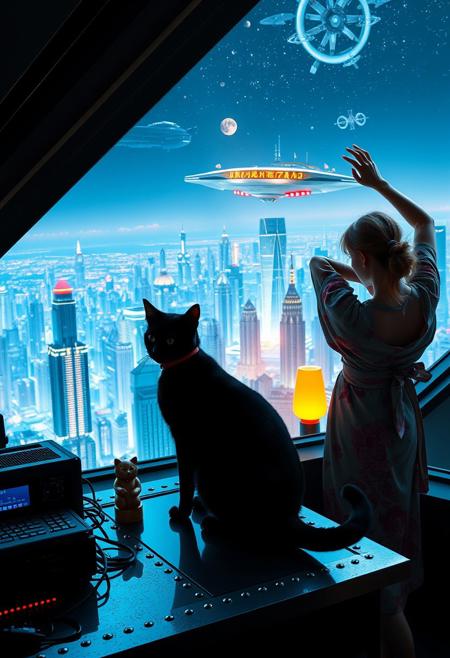 A sleek black cat with red collar sits on a cluttered metal riveted desk with transparent top and rgb led computer components visible inside, On the desk are a maneki neko statue and a lava lamp, the Black Cat is looking out of a seamless and futuristic floor to ceiling window that looks out at thousands of enormous wide and tall futuristic skyscrapers from a large window in a descending spaceship, (((a beautiful woman, 24 years old, is standing next to the cat looking at the city is stretching with arms behind her head, the view out the window is an enormous city at night composed of enormous buildings of varying futuristic art deco design, the city filled with buildings of many shapes and sizes, some over a mile tall))), the woman is dressed in an ornate Japanese style bath robe. An enormous deco starship with futuristic lighting and design is visible high above the city, and a space station is visible in the background among the stars, The woman's hair is messy from just waking up and tied up with a ribbon. Artistic cyberpunk, dynamic perspective, (((overall architectural aesthetic is Art Deco Cyberpunk))).  (((A large futuristic building shaped like a torii gate stands among the enormous tokyo structures,)))