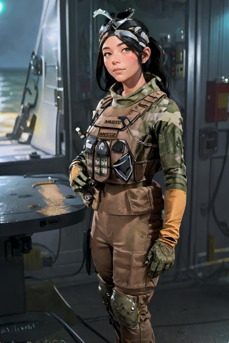 (masterpiece, best quality:1.2), <lora:paik_(battlefield_2042):1>, paik (battlefield 2042), gloves, knee pads, military, military uniform, pants, 1girl, uniform, black hair, solo, looking at viewer, closed mouth, indoors, cowboy shot, skindentation, blurry, window, beach, sunset,