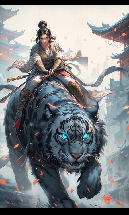 masterpiece, best quality, 8k, insane details, intricate details, hyperdetailed, hyper quality, high detail, ultra detailed, Masterpiece,
1girl, solo,East Asian architectureHanfuSword in hand
<lora:Riding a giant tiger_20230822144927:0.7>