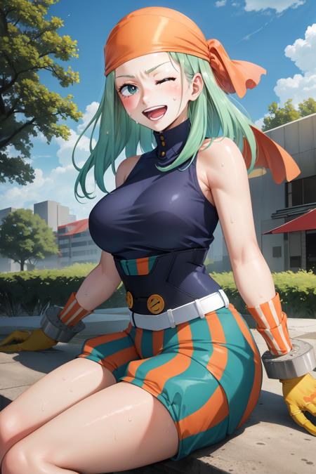 EmiHS2, solo, 1girl, green hair, bandana, long hair, smile, breasts, looking at viewer, gloves,bare shoulders, sleeveless, green eyes, large breasts, open mouth, cowboy shot, striped, striped clothes, belt, orange gloves, aqua hair, shorts, :d, eyelashes, teeth, shirt, blush,sitting, sitting in, girl stting, one eye closed, striped shorts, sweat, black shirt, sleeveless shirt, yellow gloves, puffy shorts, outdoors, sky, clouds, day, buildings, trees, bushes, 
 <lora:EmiHS2:0.8>