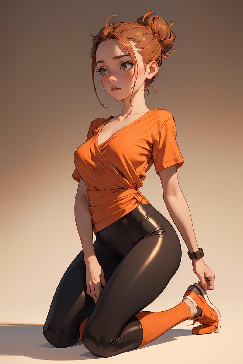 Anime Art of a Woman in a Tank Top and Leggings with Orange Shoes.