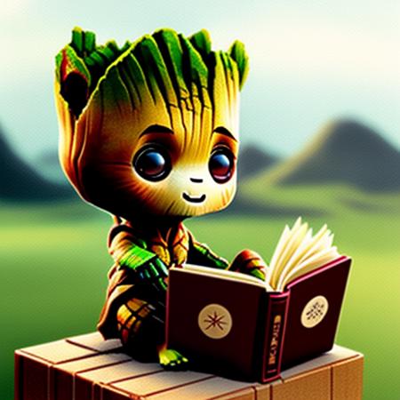 (chibiSJstyle:1.1) Baby Groot reading a book, cute, By Greg rutkowski