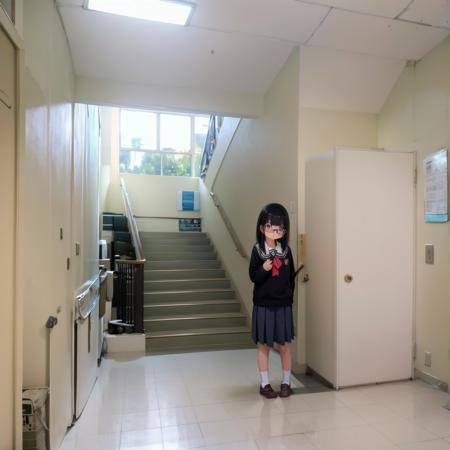 best quality, ultra-detailed, illustration,
kaidan, stairs, hallway, indoors, ceiling light, door, light, light rays, sunlight, window, 
1girl, glasses, black hair, long hair, black eyes, school uniform, blush, looking at viewer, standing,
 <lora:Kaidan_school_SD15_V4:1>