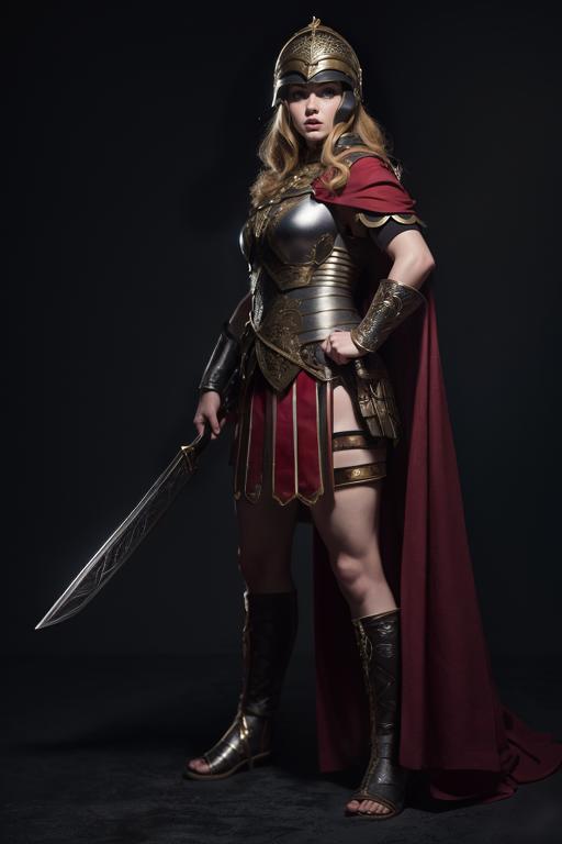A woman wearing a warrior costume posing for a picture.