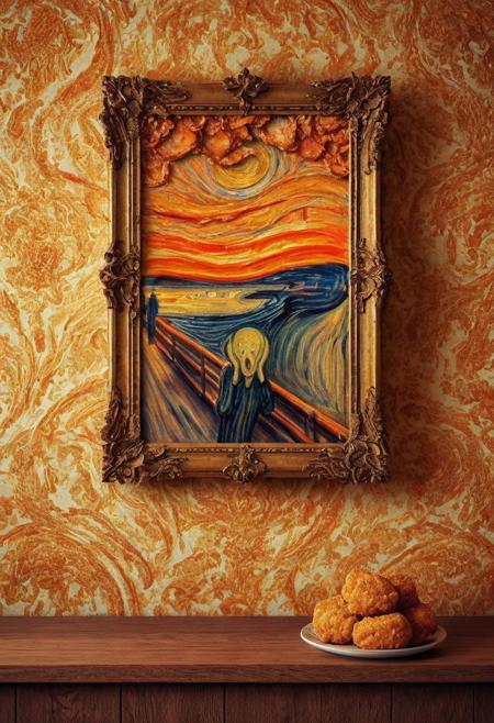 The Scream by Edvard Munch made entirely of deep fried & crispy breading, hanging in a ornate wooden picture frame on a ordinary wallpaper wall.
perfect lighting, vibrant colours