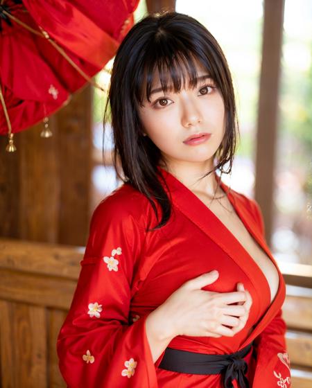 best quality, photorealistic, 8k, high res, 1girl, woman, (professional lighting), (portrait:0.6), (red kimono dress:1.72), gorgeous, black hair, (short hair:1.2), (1girl eyes looking at viewer:1.4), ((looking at viewer:1.6)), (looking at the camera), photorealistic, (bokeh), (portait:0.6), (dynamic pose:1.2), sfw, <lora:grav-kana:0.81>