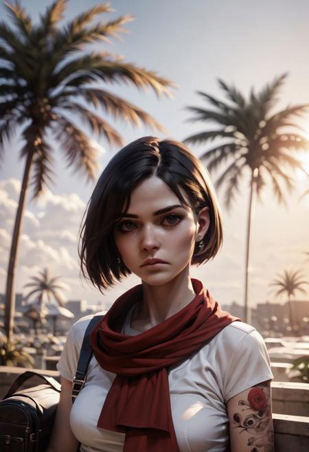 (((upper body shot))), score_9, score_8_up, score_7_up, score_6_up, (shorter petite cute skinny girl, short body, young, medium breasts, small earrings, detailed face, realistic skin, black straight hair, bob cut hair), sitting on box, venice city, intricate details, detailed background, hyperrealistic, warm sun light on body, serious expression, white sneakers, tattooed arms, low wrist jeans, black belt, silver watch, red band t-shirt, red scarf, sun reflections, California, palms, face focus, shoulder bag