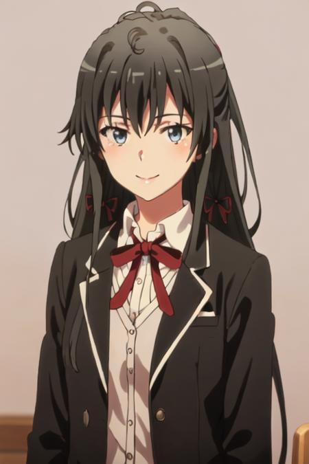 best quality, masterpiece, highres, solo, {yukino_yukinoshita_yahariorenoseishunlovecomewamachigatteiru:1.15}, long_hair, black_hair, ribbon, blue_eyes, hair_ribbon, blazer, formal, necktie, ponytail, suit, 2girls, multiple_girls, smile, solo_focus, vest