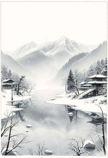 landscape, reijfrmd, white frame, ink, idyllic winter scene of ice forming around the margins of a mountain lake, snowy forest, shinto temple, snow falling