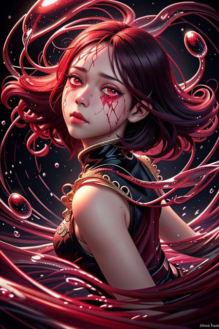 ultra realistic illustration, siena natural ratio, ultra hd, realistic, highly detailed, UHD drawing, perfect composition, ultra hd, 8k, Gothic beauty captured mid-dance, her baroque dress swirling amidst the somber cemetery scene, face smeared with a glossy crimson akin to blood, tears like liquid sorrow tracing her cheeks, surrounded by the atmospheric oddity of a blood-rain fused with floating, bubble-like drops tinged with ruby, fear and sadness tangled in her expression, macro photography by Miki Asai capturing