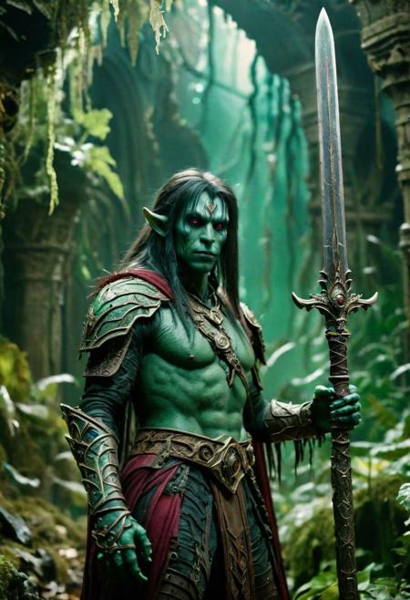 photography in the style of Labirynth, the dark crystal  movies, green, close up of (nature) and (fantasy) creature with a (diminute:1.7) sword stained with (detailed:1.5), in a beautiful and ruined ,fantasy,hyper detailed, real skin imperfections, hard lighting, bokeh, ((curi:1.2))(inspire forms in most beautiful New race:1.4) (beautiful:1.4) (ambient fantasy:1.5)(warhammer world:1.0)
